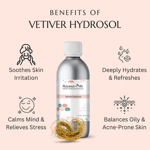 Bottle of Raasa Oils Vetiver Hydrosol with benefits listed on a pink background