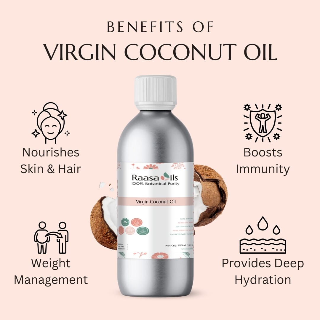 Bottle of Raasa Oils Virgin Coconut Oil with benefits listed on a pink background