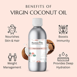 Bottle of Raasa Oils Virgin Coconut Oil with benefits listed on a pink background