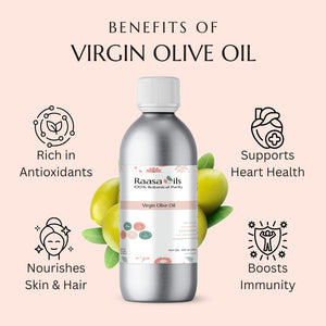 Bottle of Raasa Oils Virgin Olive Oil with benefits listed on a pink background