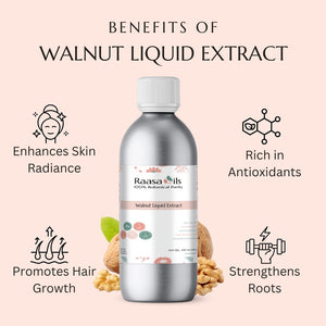 Bottle of Raasa Oils Walnut Liquid Extract with benefits listed on a pink background