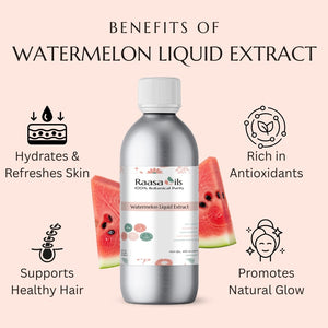 Bottle of Raasa Oils Watermelon Liquid Extract with benefits listed on a pink background