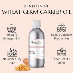Bottle of Raasa Oils wheat germ carrier oil with benefits listed on a pink background