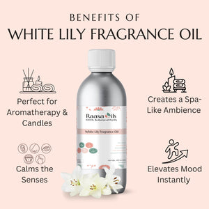 Raasa Oils White Lily Fragrance Oil bottle with benefits listed on a pink background