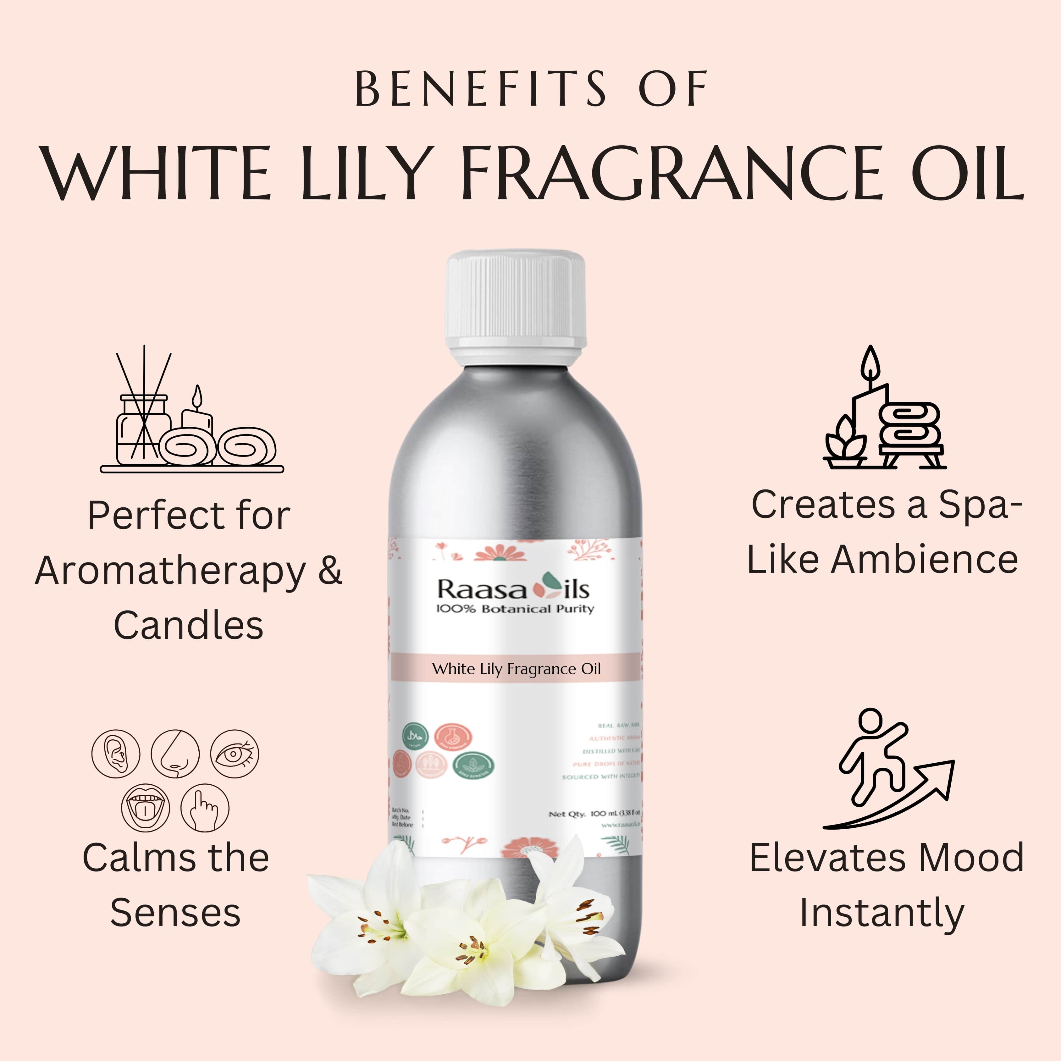 Raasa Oils White Lily Fragrance Oil bottle with benefits listed on a pink background