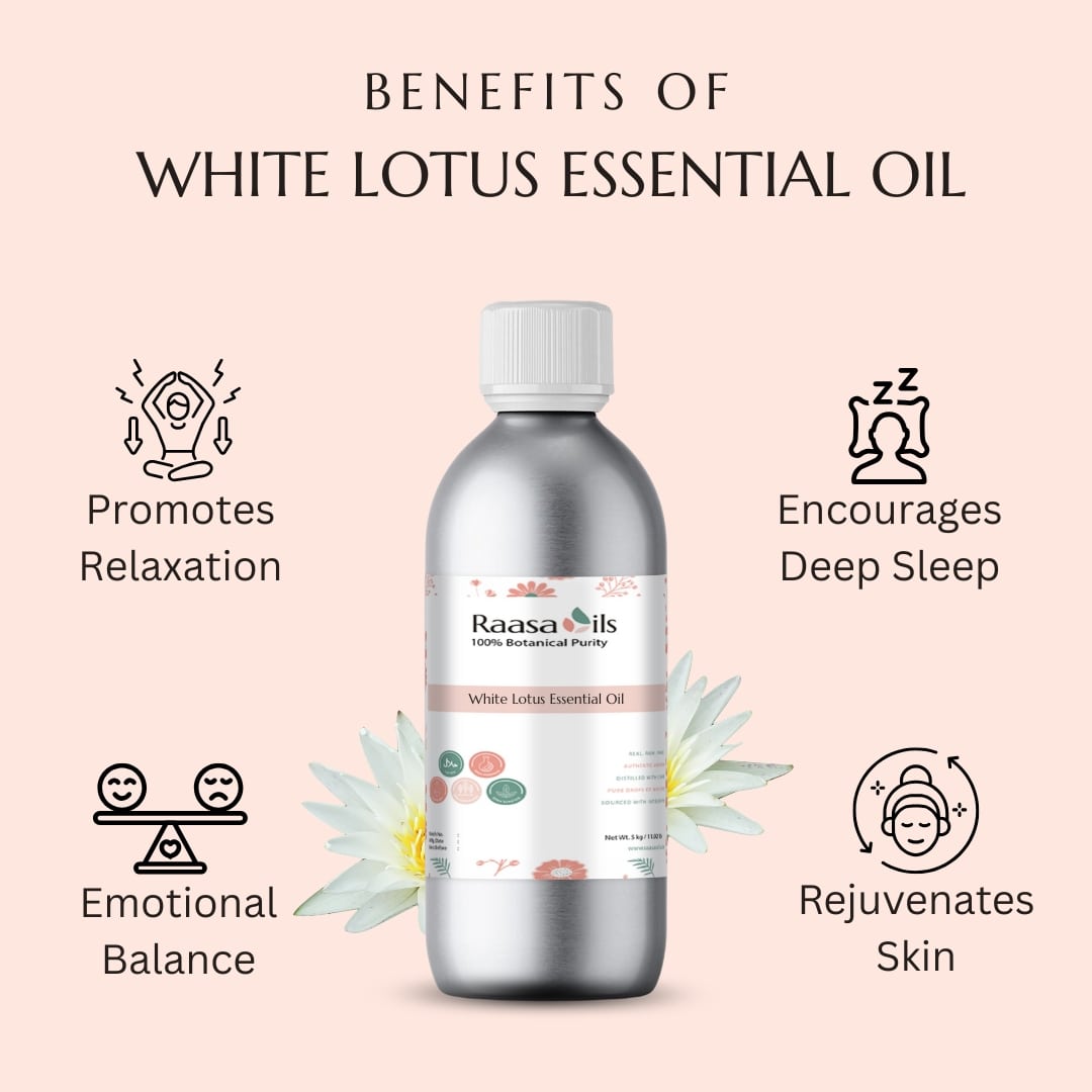 White Lotus essential oil bottle with benefits listed on a pink background