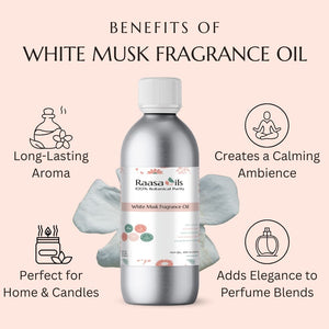White Musk Fragrance Oil bottle with benefits listed on a pink background