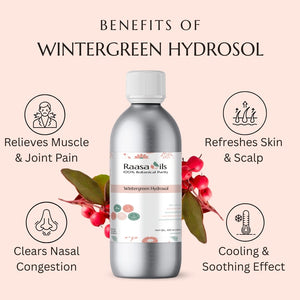 Raasa Oils Wintergreen Hydrosol bottle with benefits listed on a pink background