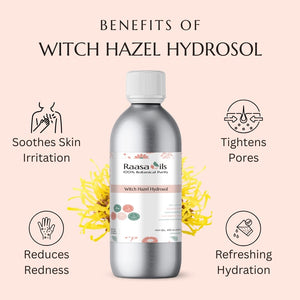 Bottle of Raasa Oils Witch Hazel Hydrosol with benefits listed on a pink background