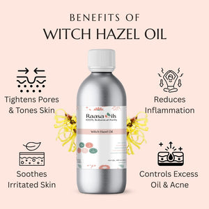 Bottle of Raasa Oils witch hazel oil with benefits listed on a pink background