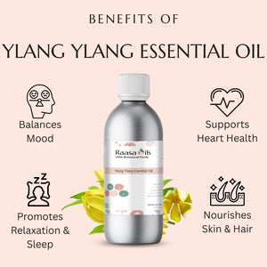 Ylang ylang essential oil bottle with benefits listed on a pink background