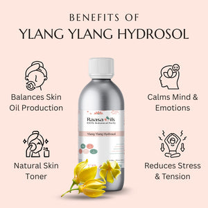 Ylang ylang hydrosol bottle with benefits listed on a pink background