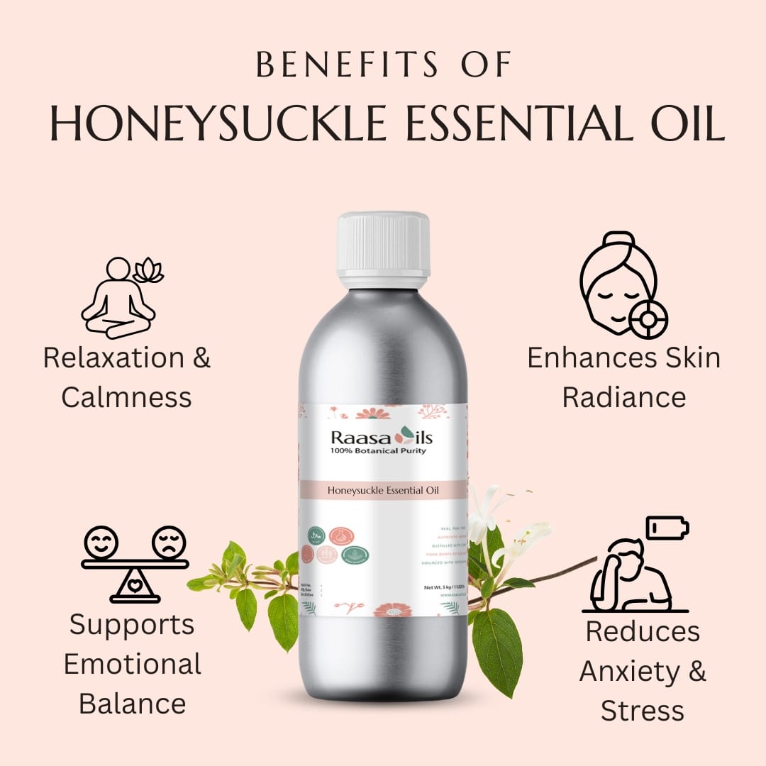 Honeysuckle essential oil bottle with benefits listed on a pink background