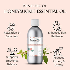 Honeysuckle essential oil bottle with benefits listed on a pink background