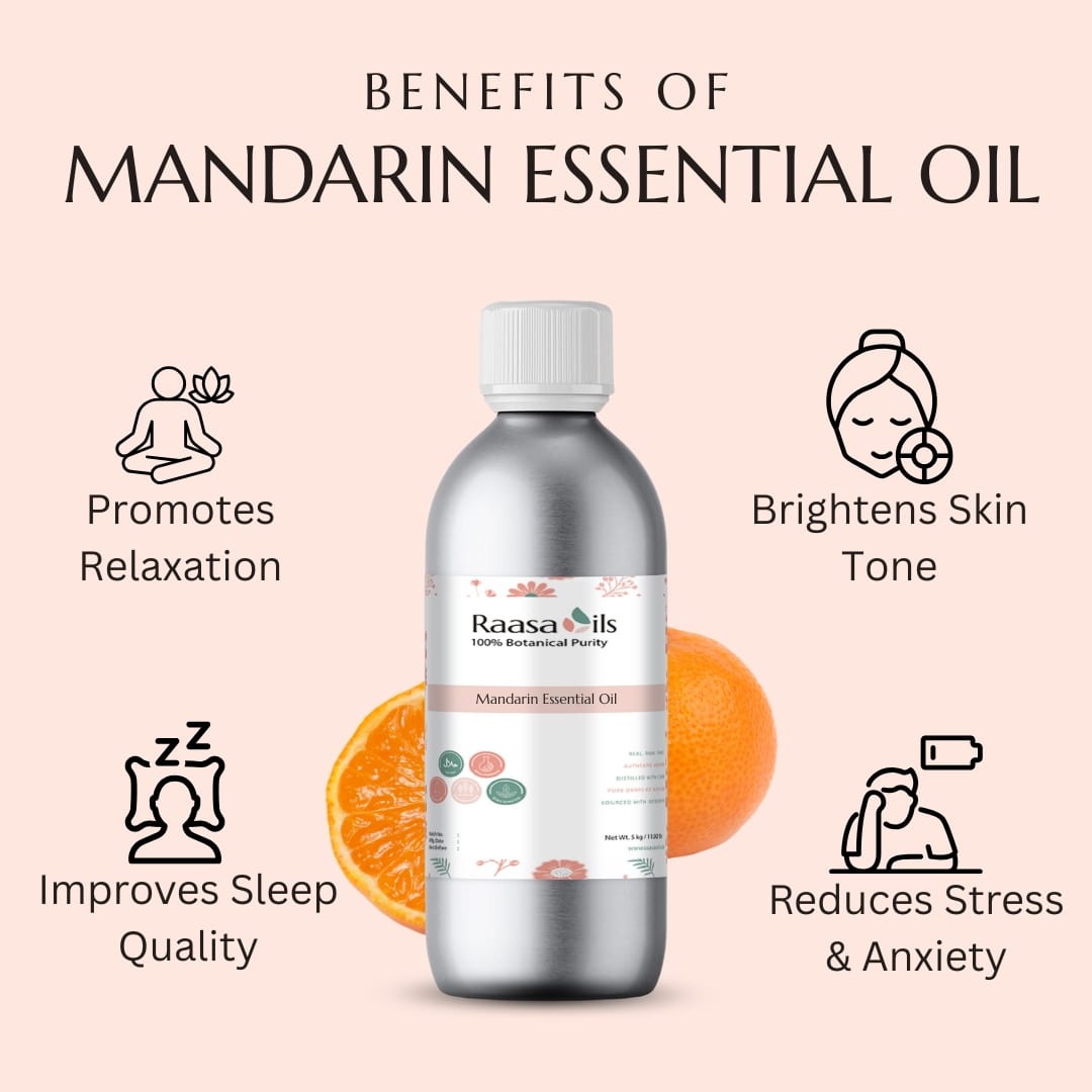 Mandarin essential oil bottle with benefits listed on a pink background