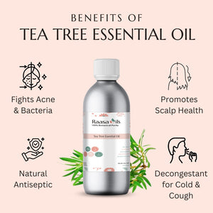 Bottle of Raasa Oils tea tree essential oil with benefits listed on a light pink background