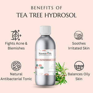 Bottle of Raasa Oils Tea Tree Hydrosol with benefits listed on a pink background