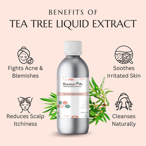 Bottle of Raasa Oils Tea Tree Liquid Extract with benefits listed on a pink background