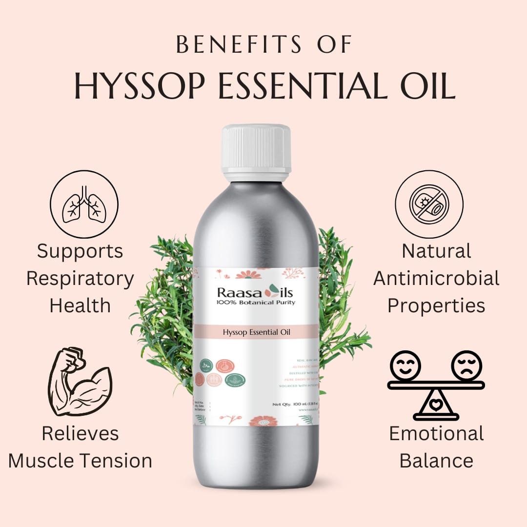 Hyssop essential oil bottle with benefits listed on a pink background