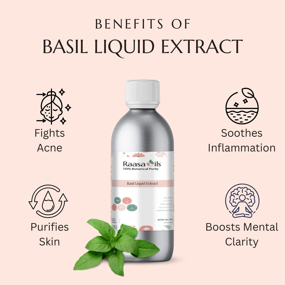 Basil liquid extract bottle with benefits listed on a pink background