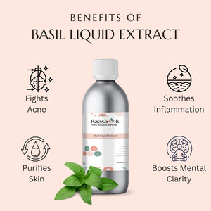 Basil liquid extract bottle with benefits listed on a pink background