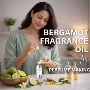Woman with bergamot fragrance oil and ingredients on a table, with text about bergamot fragrance oil for perfume making.