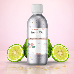 Bottle of Raasa Oils Bergamot Liquid Extract with bergamot fruits on a pink background
