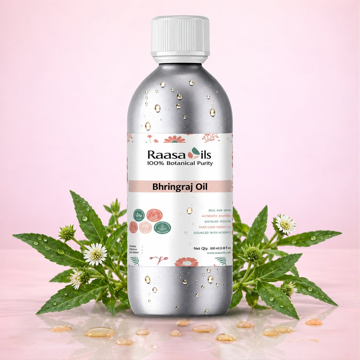 A bottle of Raasa Oils Bhringraj Oil centered on a soft pink background, surrounded by green bhringraj leaves and small white flowers with water droplets. The bottle is metallic silver with a white cap and a white label featuring botanical illustrations.