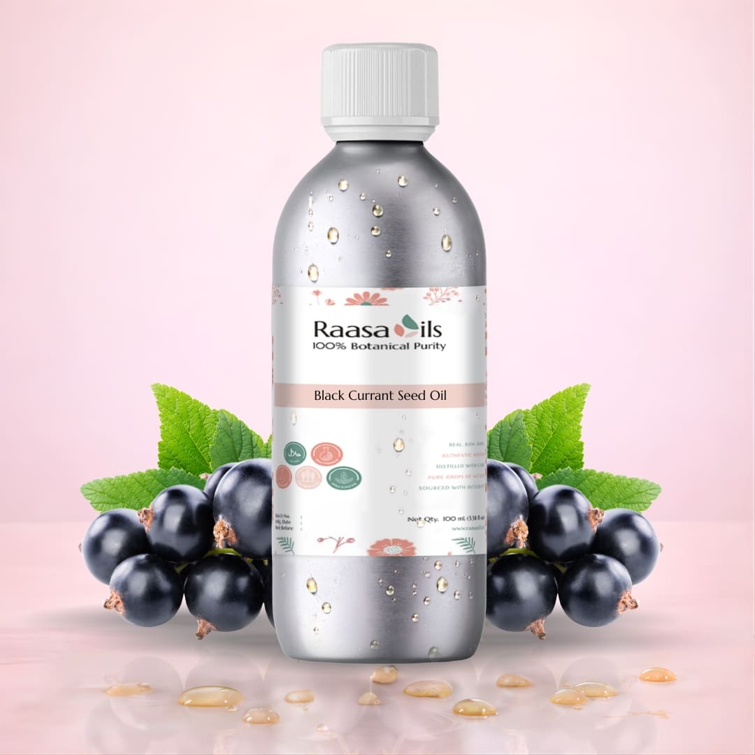 Bottle of Raasa Oils Black Currant Seed Oil with black currants and leaves on a pink background