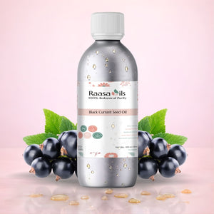 Bottle of Raasa Oils Black Currant Seed Oil with black currants and leaves on a pink background