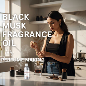 Woman using a black musk fragrance oil for perfume making in a kitchen setting.