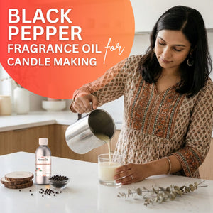 Woman pouring liquid into a glass with text about black pepper fragrance oil for candle making.