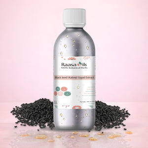 Raasa Oils Black Seed (Kalonji) Liquid Extract bottle with seeds on a pink background
