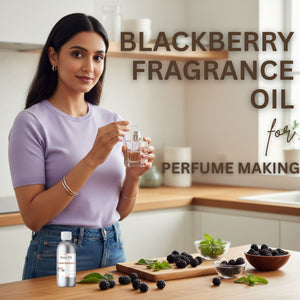 Woman holding a glass of blackberry fragrance oil with ingredients on a table, text 'Blackberry Fragrance Oil for Perfume Making'.