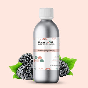 Bottle of Raasa Oils Blackberry Liquid Extract with blackberries and leaves on a light pink background