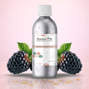 Bottle of Raasa Oils Blackberry Fragrance Oil with blackberries on a pink background