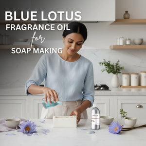 Woman making soap with Blue Lotus fragrance oil in a kitchen setting