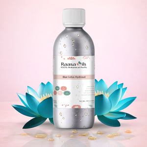 Raasa Oils Blue Lotus Hydrosol bottle with lotus flowers on a pink background