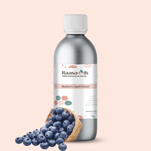 Bottle of Raasa Oils Blueberry Liquid Extract with blueberries on a beige background