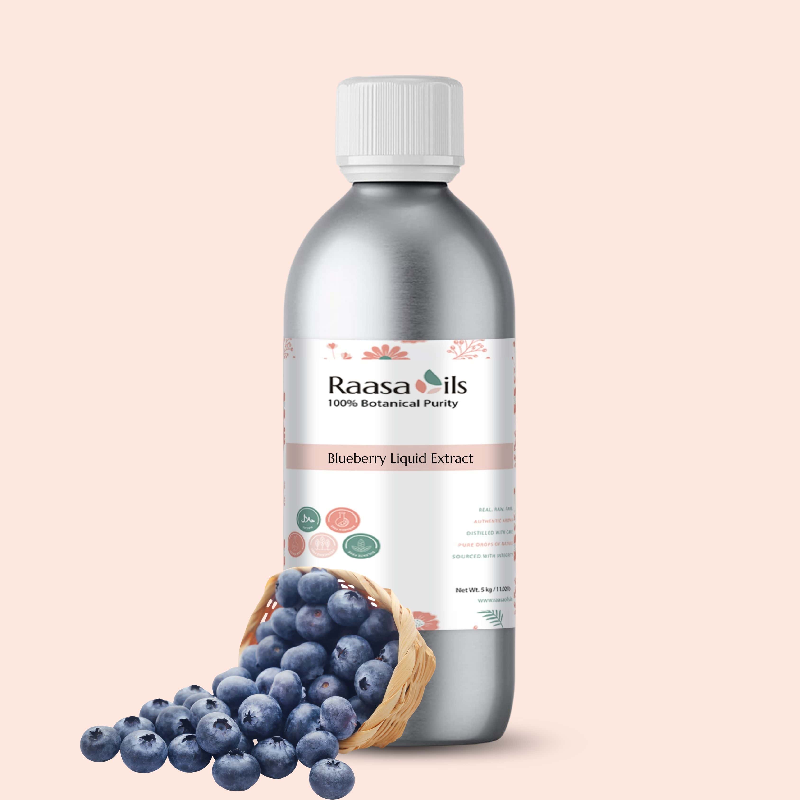 Bottle of Raasa Oils Blueberry Liquid Extract with blueberries on a beige background