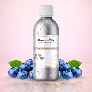 Bottle of Raasa Oils Blueberry Liquid Extract with blueberries on a pink background