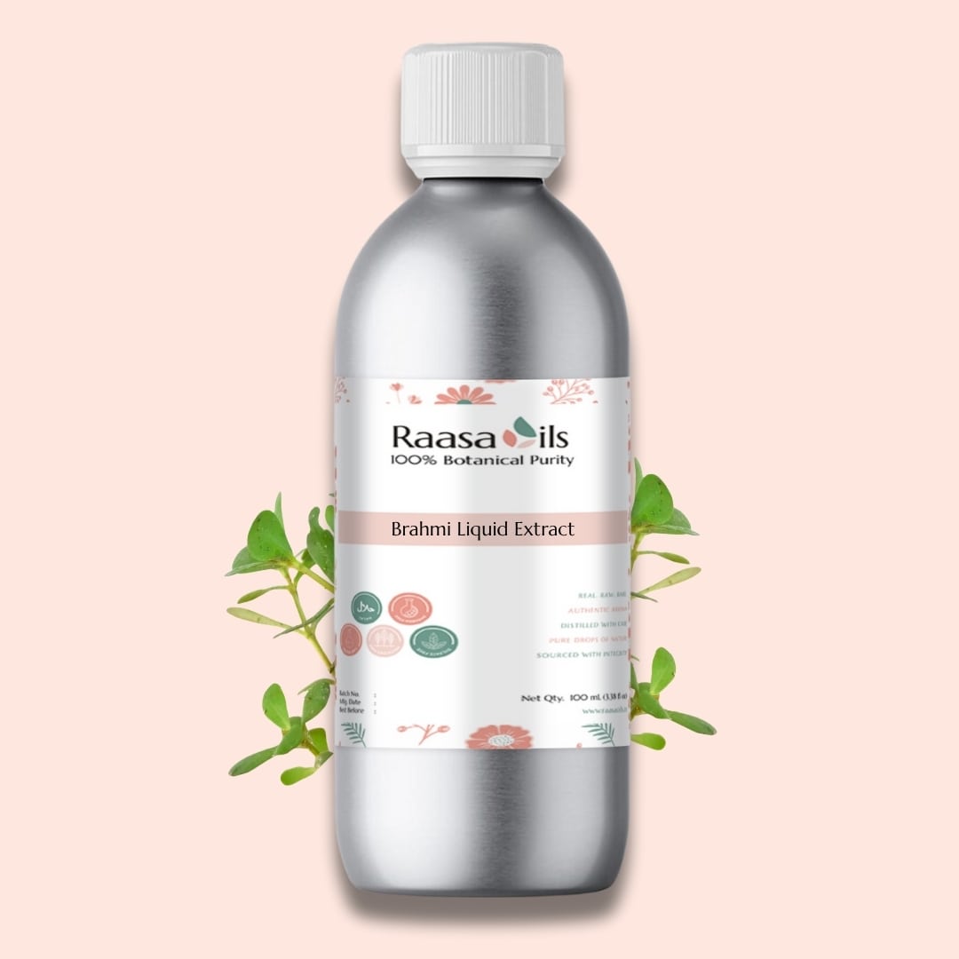 Bottle of Raasa Oils Brahmi Liquid Extract on a light pink background