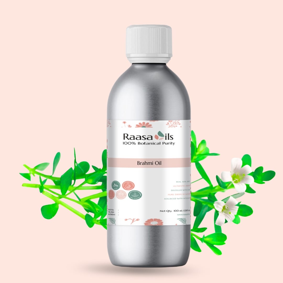 Bottle of Raasa Oils with botanical elements on a light pink background