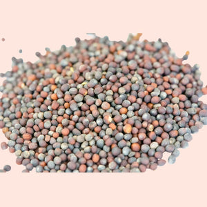 Close-up of mustard seeds on a light pink background