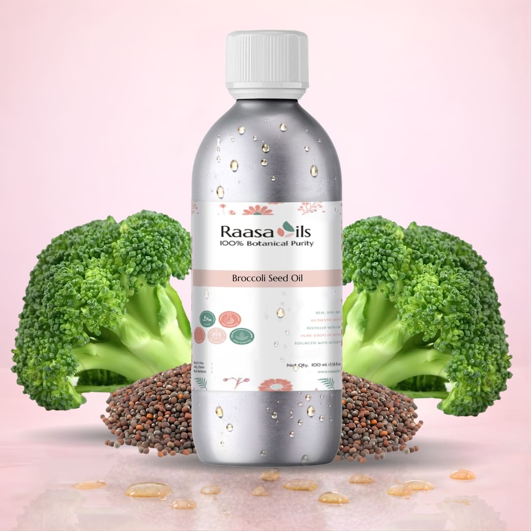 Broccoli Seed Oil bottle with broccoli and seeds on a pink background