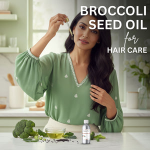 Woman holding broccoli seed oil with text about its use for hair care in a kitchen setting.