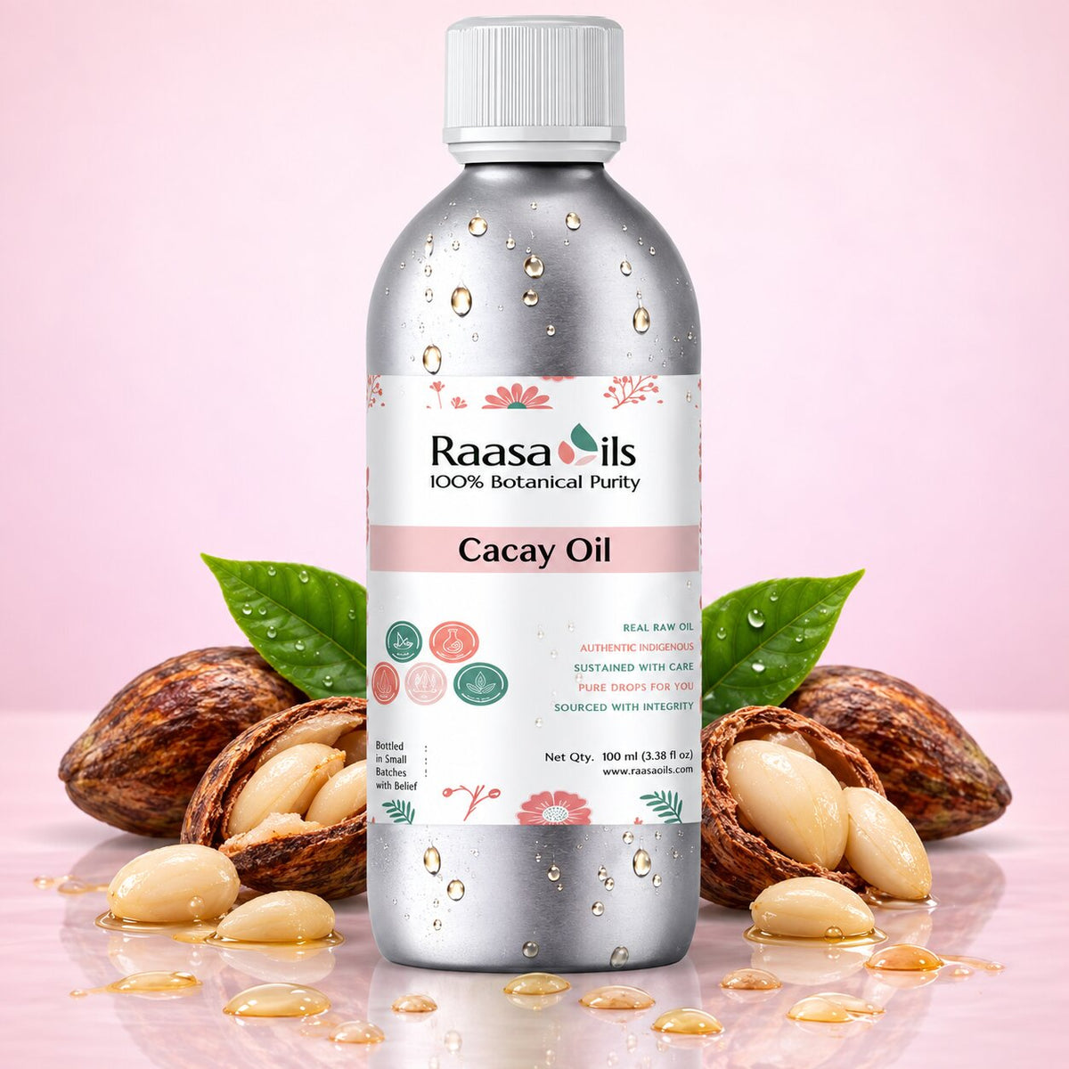 A 300 ml bottle of Raasails Cacay Oil centered against a soft pink background, surrounded by whole and cracked cacay nuts with green leaves, with oil droplets scattered on the surface.