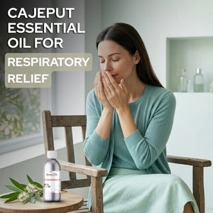 Woman sitting in a chair with eyes closed, next to a bottle of Cajeput essential oil, with text about respiratory relief.