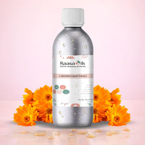 Bottle of Raasa Oils Calendula Liquid Extract with calendula flowers on a pink background