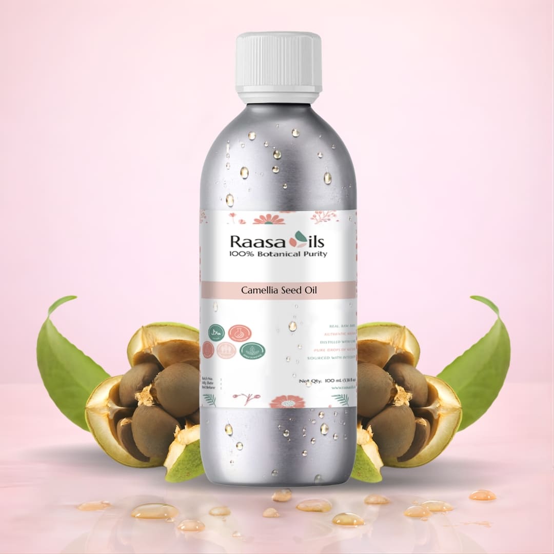Bottle of Raasa Oils Camellia Seed Oil with botanical elements on a pink background